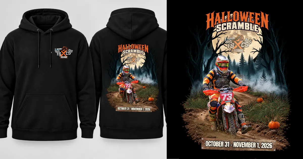 Black TSXCS pullover hoodie: small logo on the left chest, full Halloween Scramble artwork across the back.