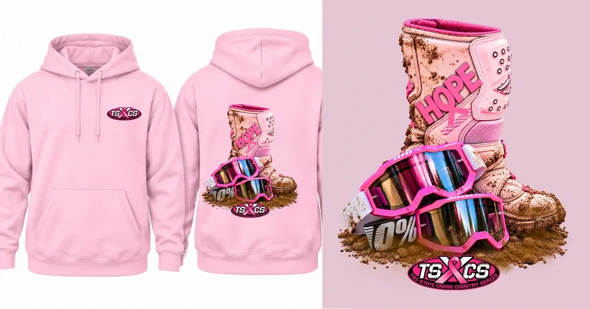 Pink TSXCS pullover hoodie with the HOPE boot and goggles artwork.