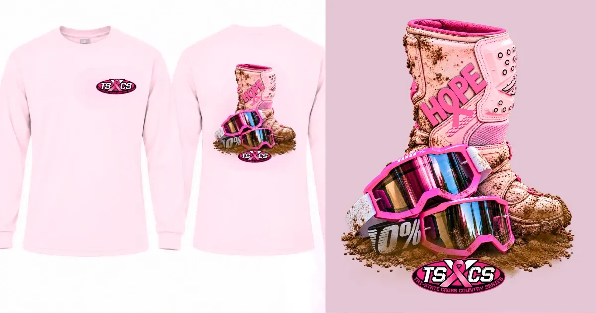 Pink TSXCS long sleeve tee: small oval logo on the left chest, HOPE boot and goggles artwork across the back.